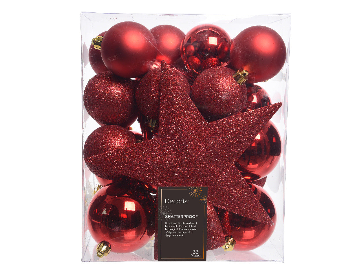 Palline natale 33pz color rosso, diametri misti + puntale Kaemingk Palline natale 33pz color rosso, diametri misti + puntale Kaemingk